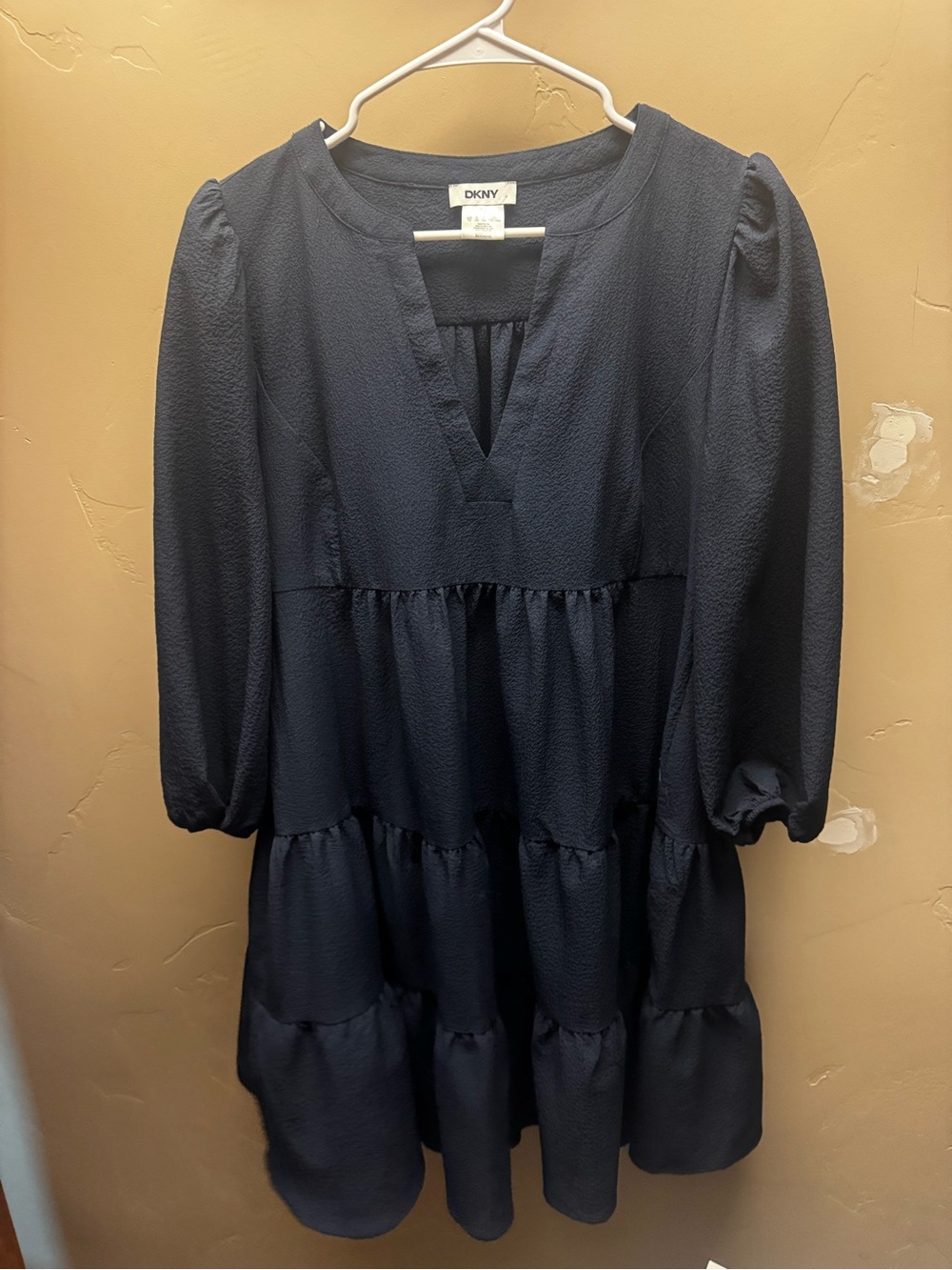 DKNY Navy Textured Tiered V-Neck Midi Dress